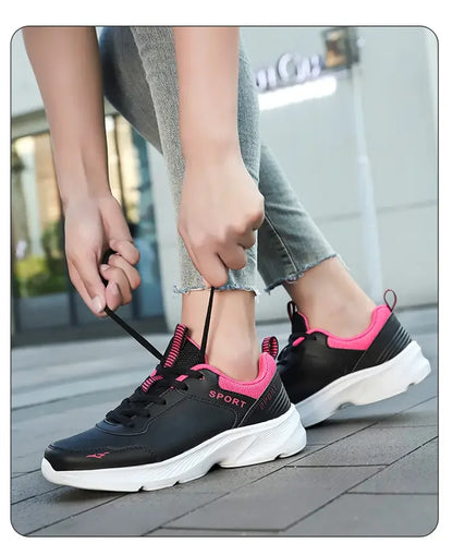 2025 Womens Leather Sneakers Casual Sneakers Lace Up Flats Lightweight Comfortable Black Anti slip Running Shoes Outdoor Sports
