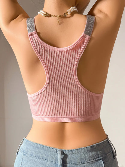 Women's Nylon Knit Bra Camisole | Lingerie Crop Top Bralette Strappy Halter Outerwear-Sexy Fitted Short Tops & Underwear