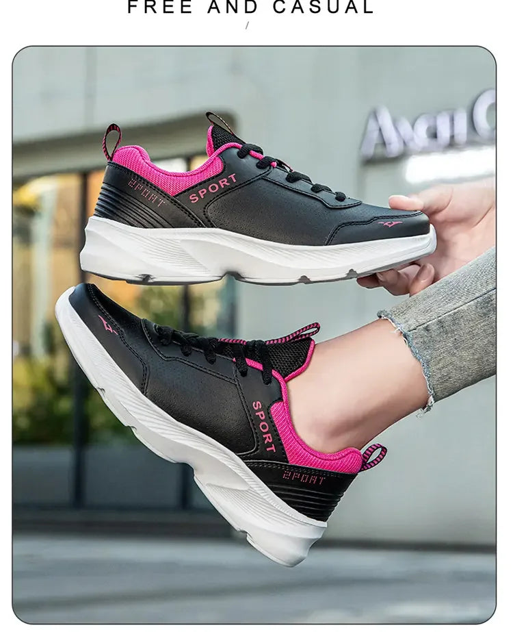 2025 Womens Leather Sneakers Casual Sneakers Lace Up Flats Lightweight Comfortable Black Anti slip Running Shoes Outdoor Sports