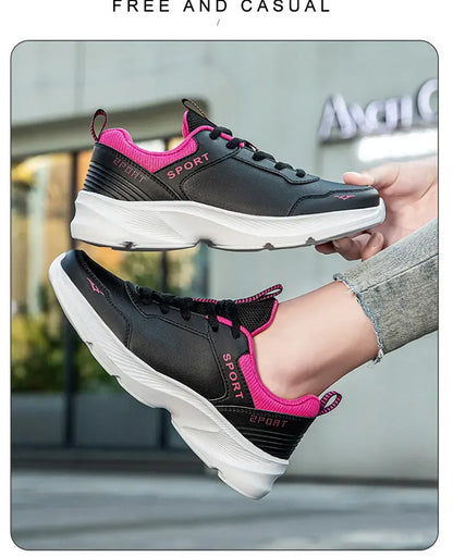 2025 Womens Leather Sneakers Casual Sneakers Lace Up Flats Lightweight Comfortable Black Anti slip Running Shoes Outdoor Sports