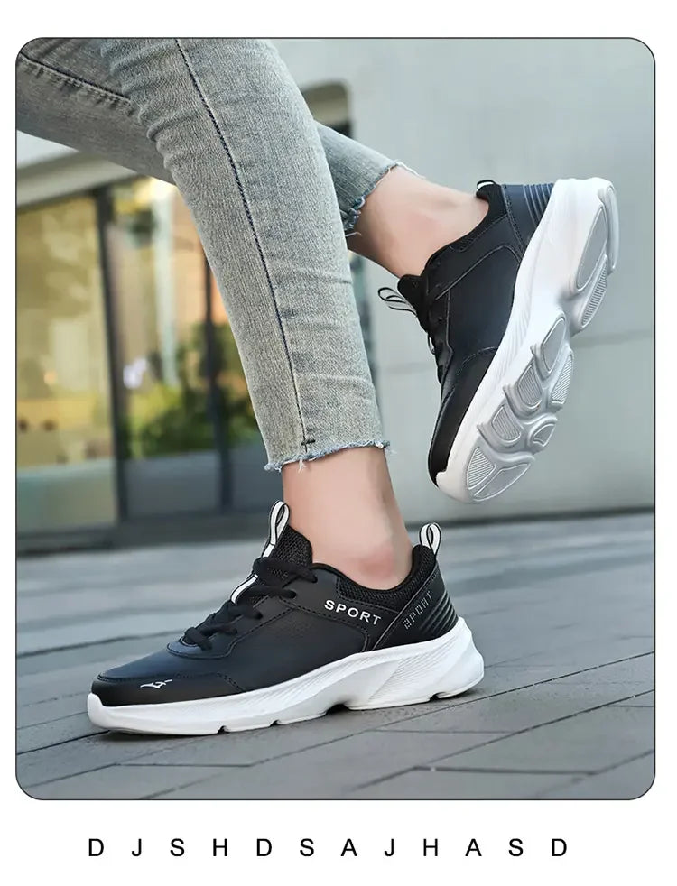 2025 Womens Leather Sneakers Casual Sneakers Lace Up Flats Lightweight Comfortable Black Anti slip Running Shoes Outdoor Sports