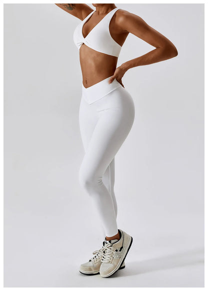 White Yoga Sets Women Sexy Beauty Back Bra High Waist Leggings Suit Comfort Soild Fitness Running Sport Sets Breathabe Sportwear