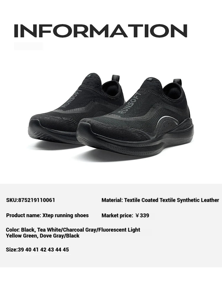 Xtep Soft Tube Running Shoes for Men Comfortable Breathable Slip-on Mesh Wear-Resistant Lightweight Male Sneakers 875219110061