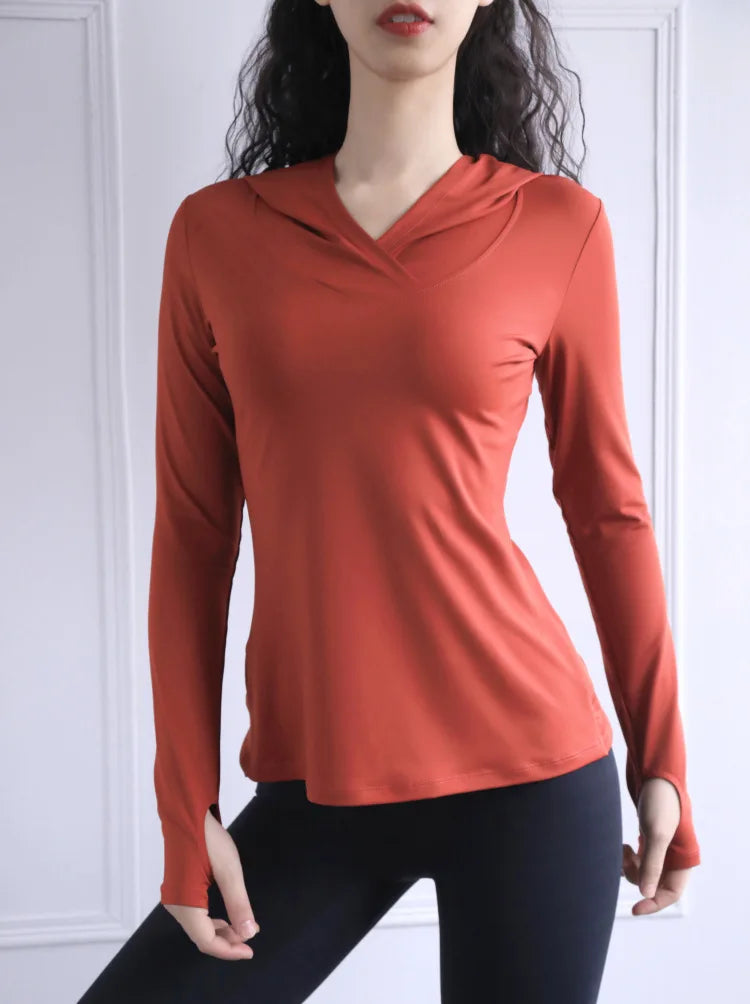 Women's Back Fork Mesh Breathable Yoga Shirt Long Sleeve Thumb Hole Hoodie Waist Tops Slim Slim Fitness Clothing