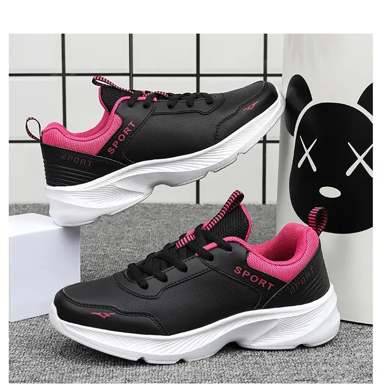 2025 Womens Leather Sneakers Casual Sneakers Lace Up Flats Lightweight Comfortable Black Anti slip Running Shoes Outdoor Sports