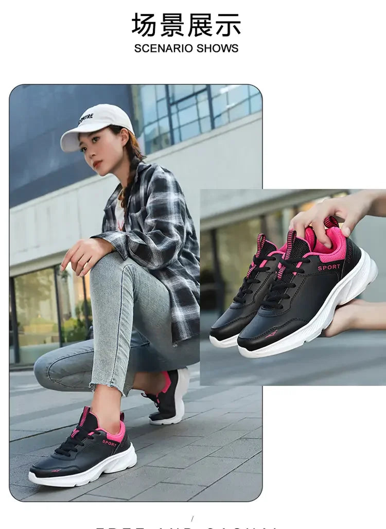 2025 Womens Leather Sneakers Casual Sneakers Lace Up Flats Lightweight Comfortable Black Anti slip Running Shoes Outdoor Sports