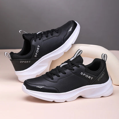2025 Womens Leather Sneakers Casual Sneakers Lace Up Flats Lightweight Comfortable Black Anti slip Running Shoes Outdoor Sports