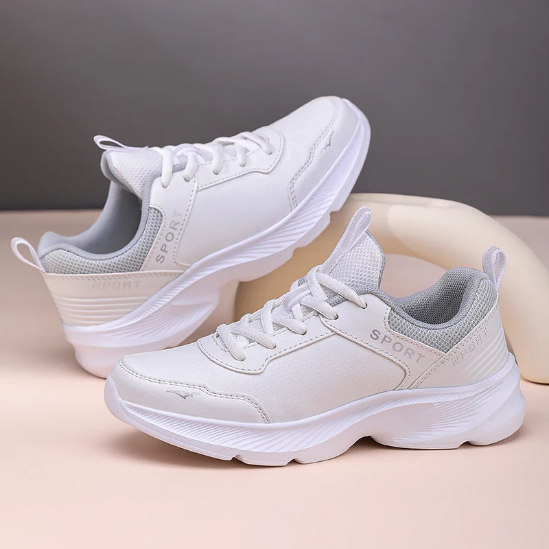 2025 Womens Leather Sneakers Casual Sneakers Lace Up Flats Lightweight Comfortable Black Anti slip Running Shoes Outdoor Sports