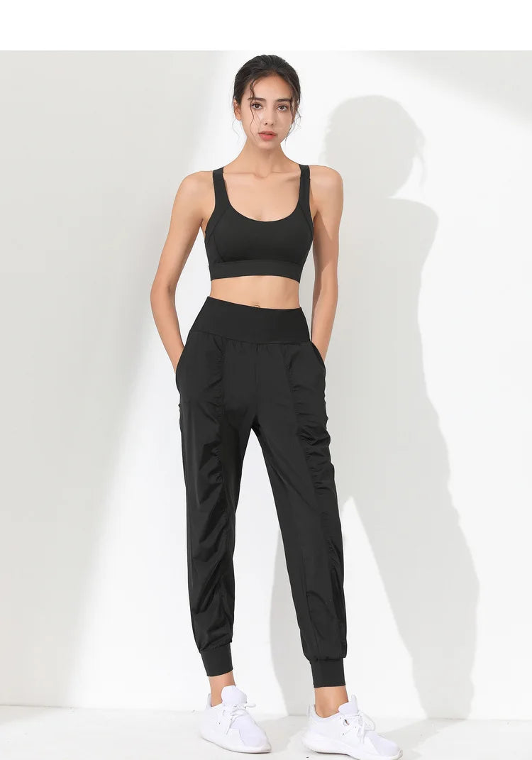 Woman Yoga Pants Loose Slim Quick-Dry Yoga Pants Pleated Hem Bound Running Fitness Capris Pockets Jogging Pants Sports pants