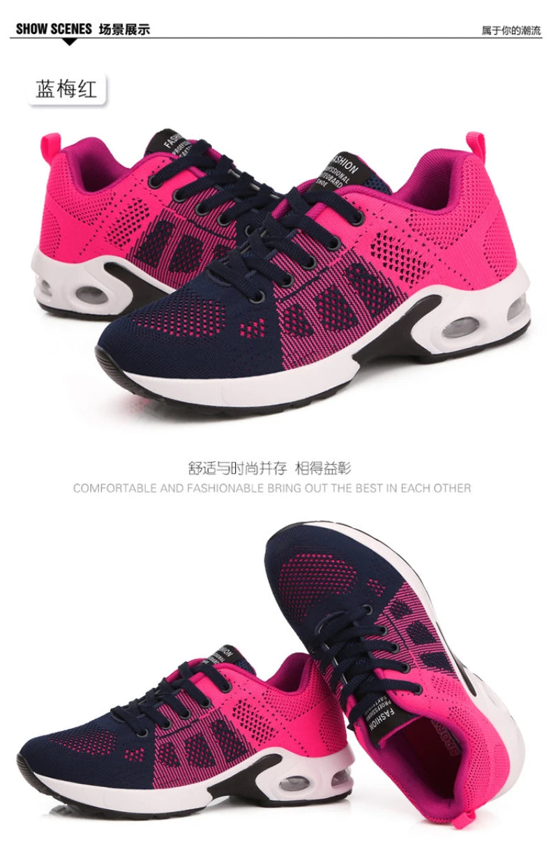 New Spring Flying Knitted Sports Shoes Women's Breathable Mesh Air Cushion Shoes Casual Running Women's Shoes Light Travel Shoes