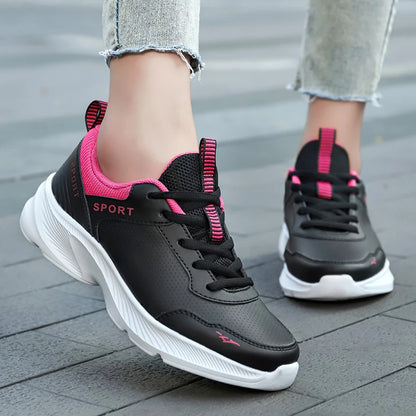 2025 Womens Leather Sneakers Casual Sneakers Lace Up Flats Lightweight Comfortable Black Anti slip Running Shoes Outdoor Sports