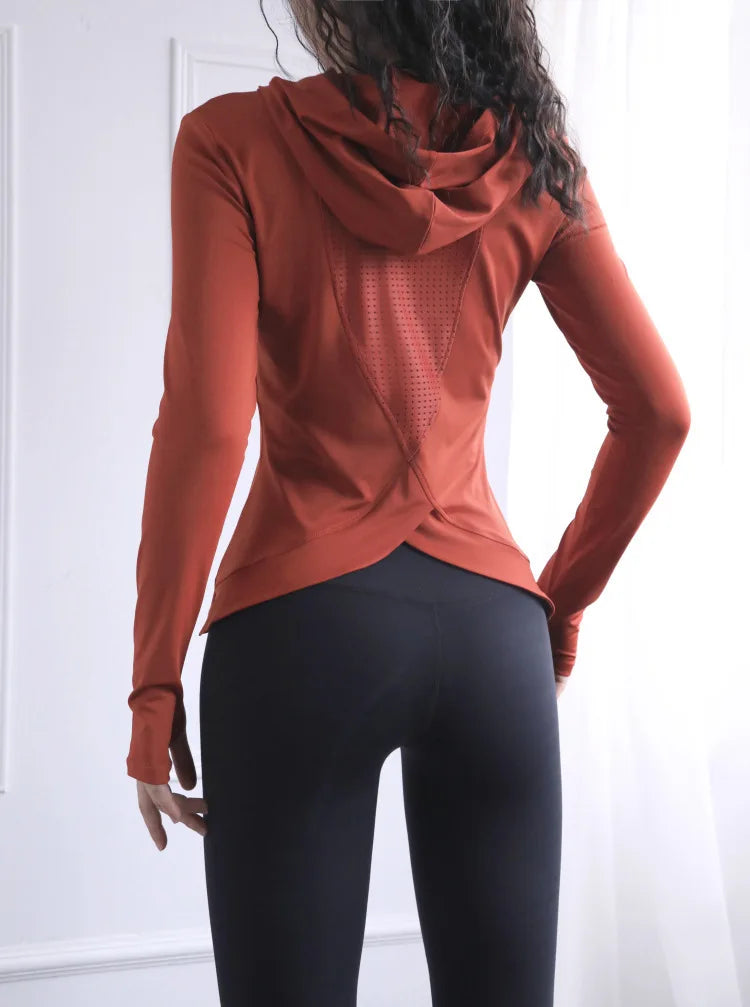 Women's Back Fork Mesh Breathable Yoga Shirt Long Sleeve Thumb Hole Hoodie Waist Tops Slim Slim Fitness Clothing