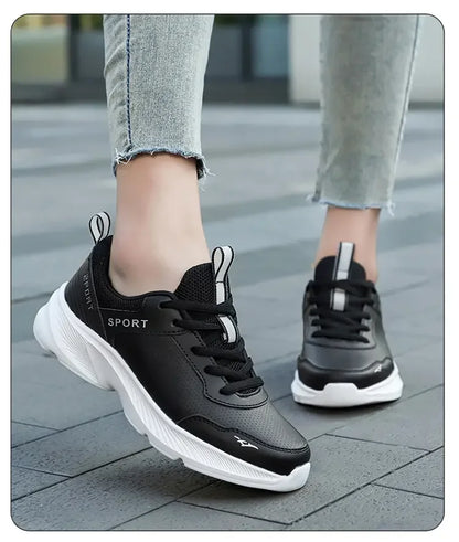 2025 Womens Leather Sneakers Casual Sneakers Lace Up Flats Lightweight Comfortable Black Anti slip Running Shoes Outdoor Sports