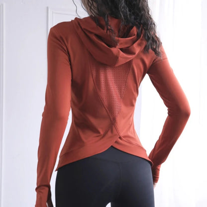 Women's Back Fork Mesh Breathable Yoga Shirt Long Sleeve Thumb Hole Hoodie Waist Tops Slim Slim Fitness Clothing
