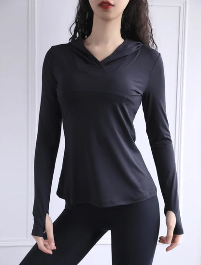 Women's Back Fork Mesh Breathable Yoga Shirt Long Sleeve Thumb Hole Hoodie Waist Tops Slim Slim Fitness Clothing
