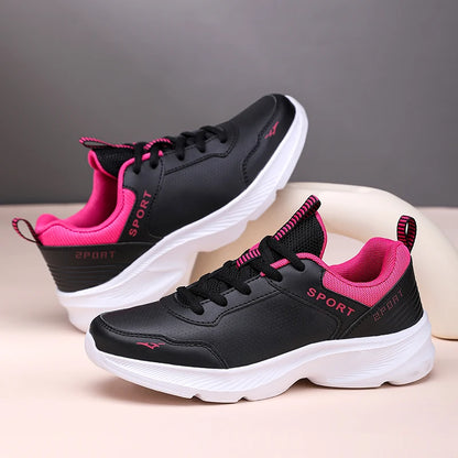 2025 Womens Leather Sneakers Casual Sneakers Lace Up Flats Lightweight Comfortable Black Anti slip Running Shoes Outdoor Sports