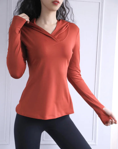 Women's Back Fork Mesh Breathable Yoga Shirt Long Sleeve Thumb Hole Hoodie Waist Tops Slim Slim Fitness Clothing