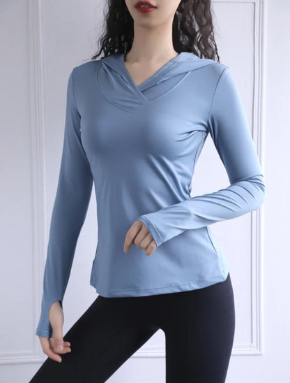 Women's Back Fork Mesh Breathable Yoga Shirt Long Sleeve Thumb Hole Hoodie Waist Tops Slim Slim Fitness Clothing