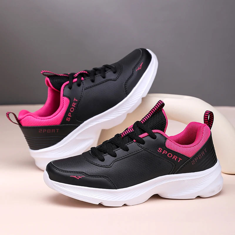 2025 Womens Leather Sneakers Casual Sneakers Lace Up Flats Lightweight Comfortable Black Anti slip Running Shoes Outdoor Sports